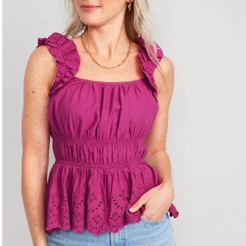 Sleeveless Waist-Defined Ruffle-Trimmed
Embroidered Babydoll Blouse Dragon Fruit